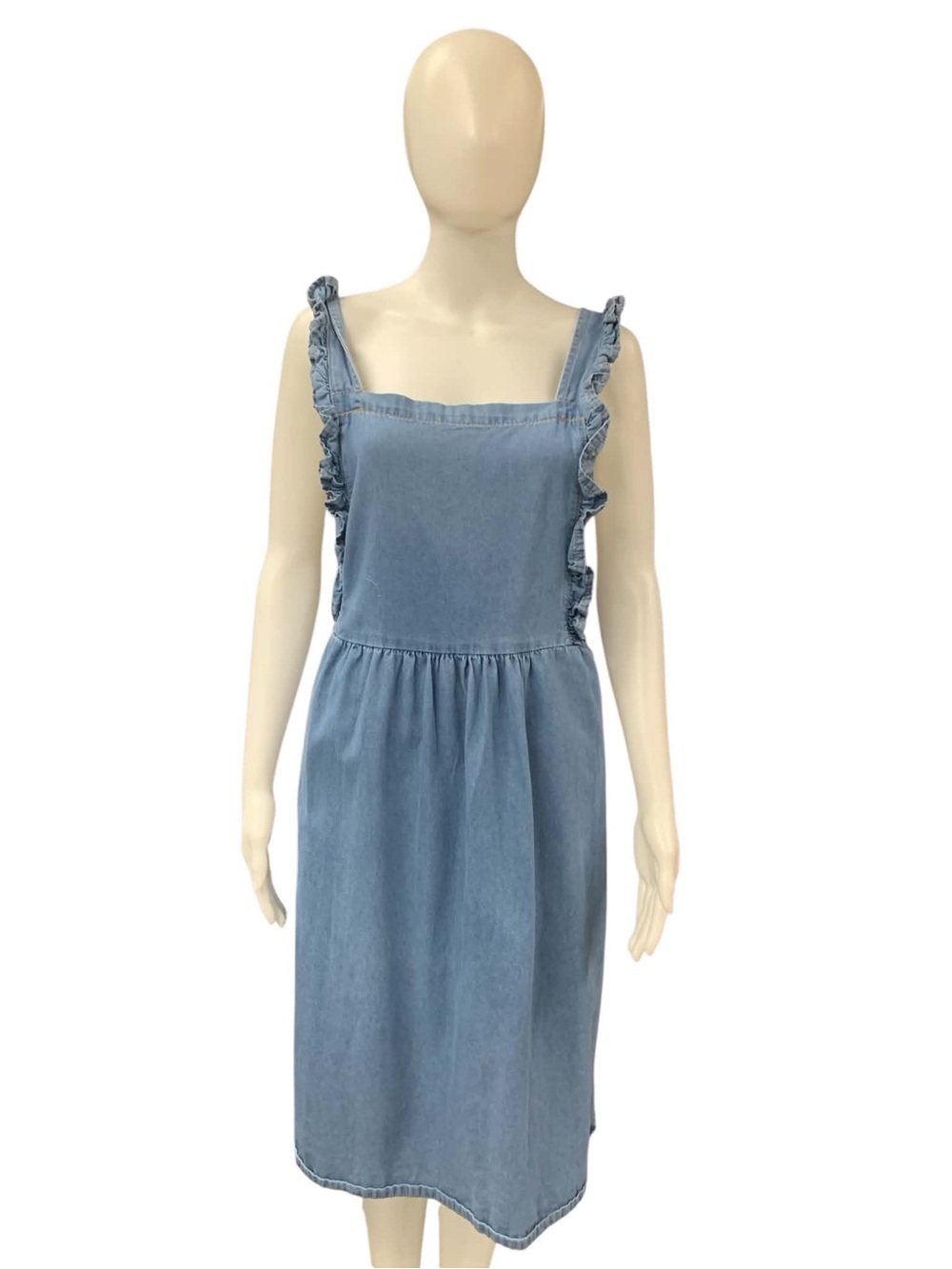 Dazy Light Wash Denim Ruffle Strap Casual Midi Dress Size L